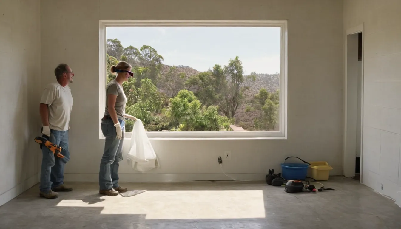 Homeowner and a window installer checking a new window in a bright living room in Deltona
